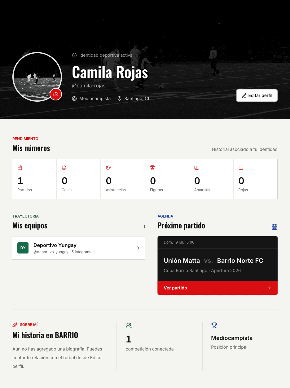 Perfil deportivo de una jugadora con estadísticas y trayectoria